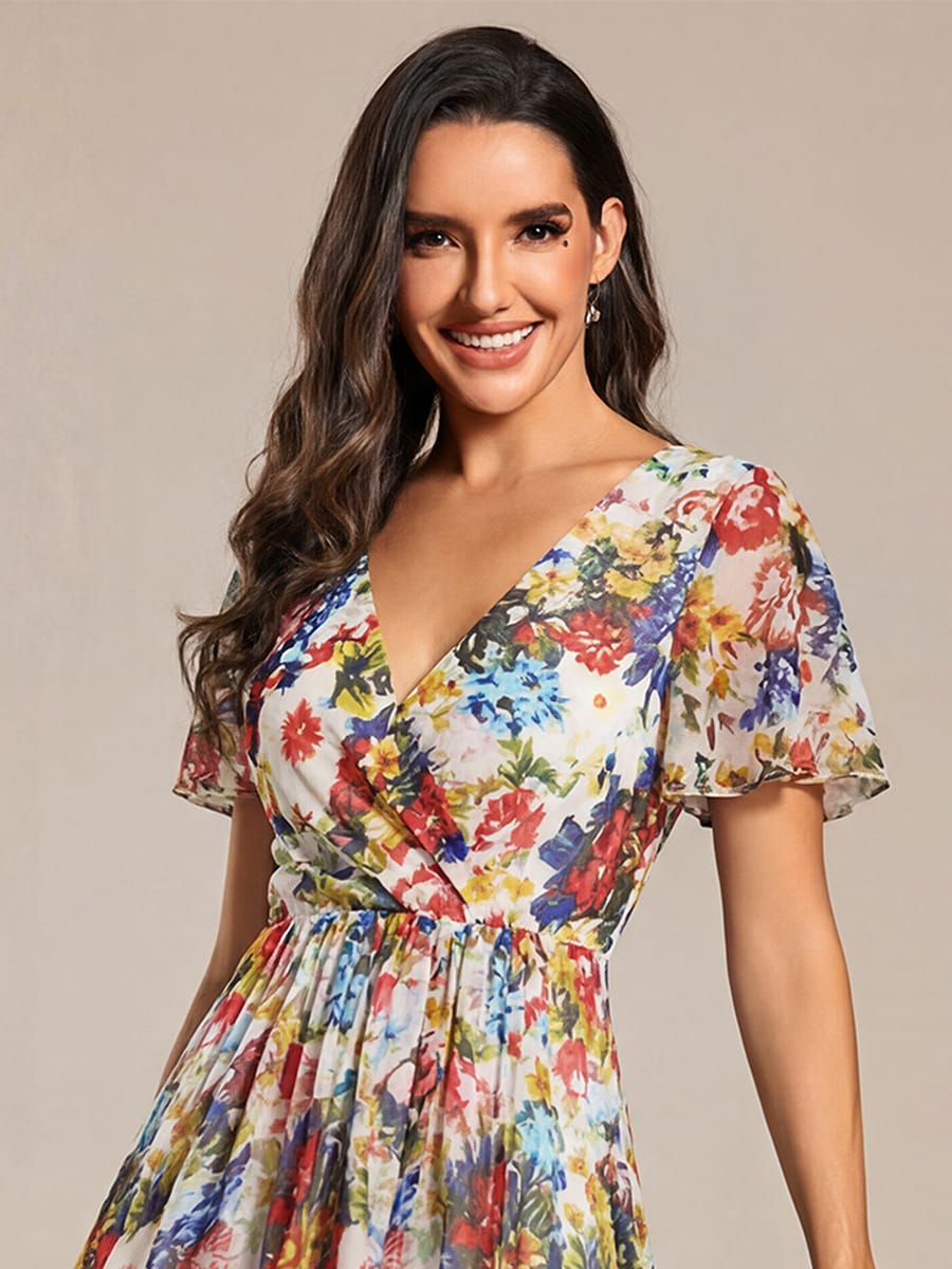 Floral Chiffon Elegance Short Sleeve High-Low Wedding Guest Dress #color_Printed Cream