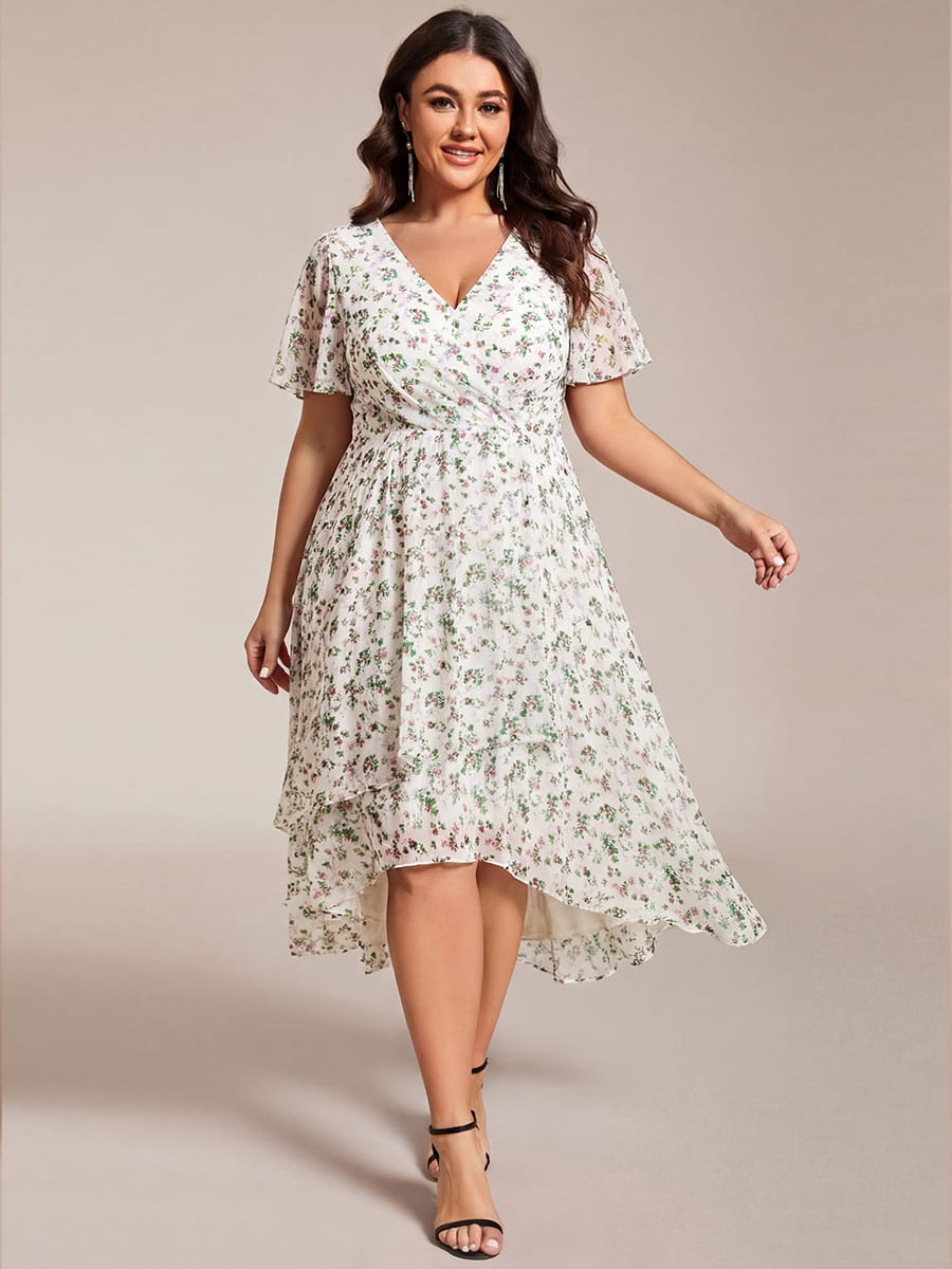 Floral Chiffon Elegance Short Sleeve High-Low Wedding Guest Dress #color_White Green