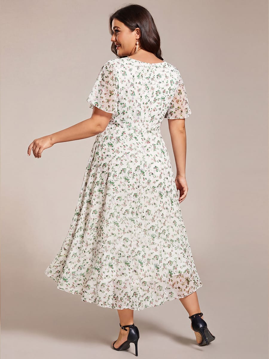 Floral Chiffon Elegance Short Sleeve High-Low Wedding Guest Dress #color_White Green