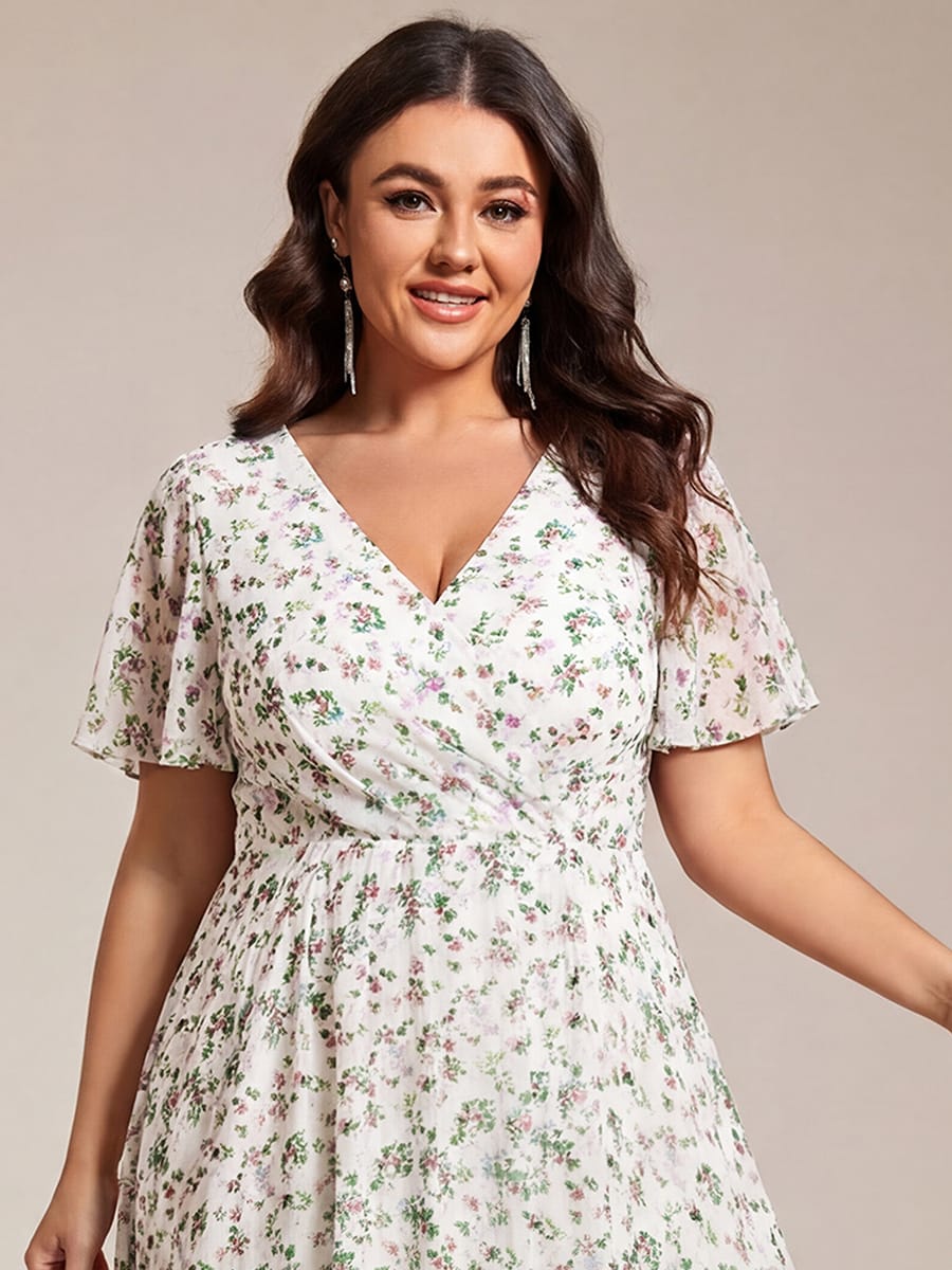 Floral Chiffon Elegance Short Sleeve High-Low Wedding Guest Dress #color_White Green