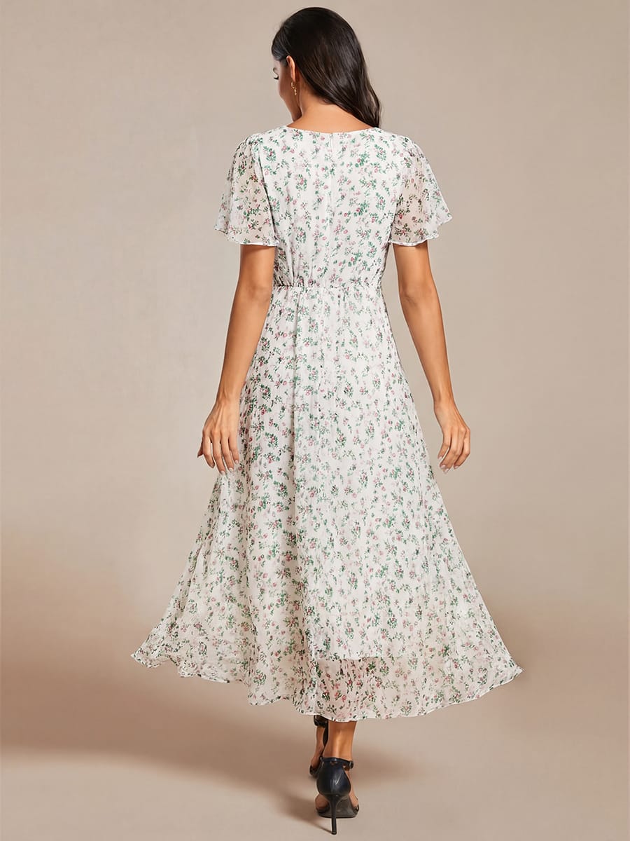 Floral Chiffon Elegance Short Sleeve High-Low Wedding Guest Dress #color_White Green