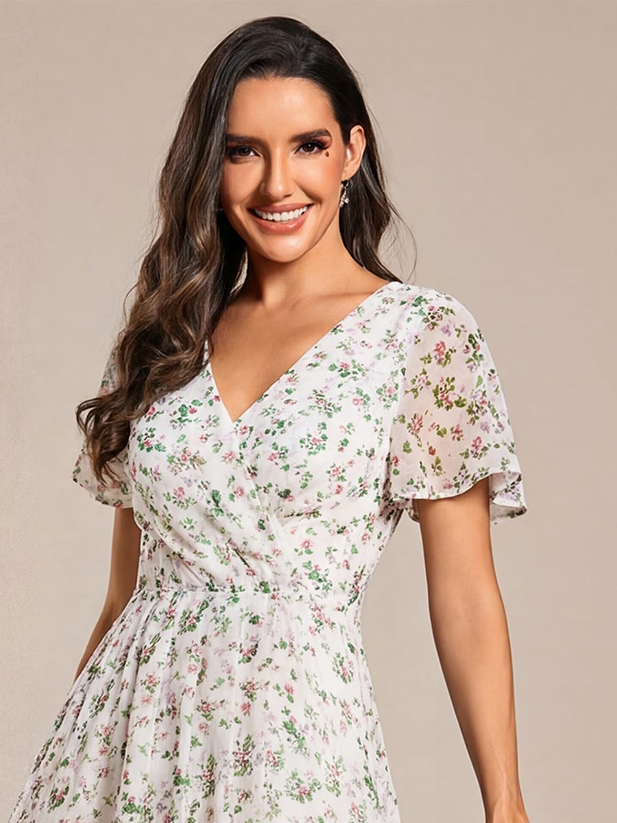 Floral Chiffon Elegance Short Sleeve High-Low Wedding Guest Dress #color_White Green