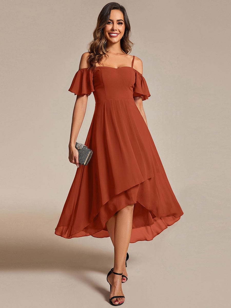 One-Shoulder High-Low Chiffon Wedding Guest Dresses with Short Sleeves #color_Burnt Orange