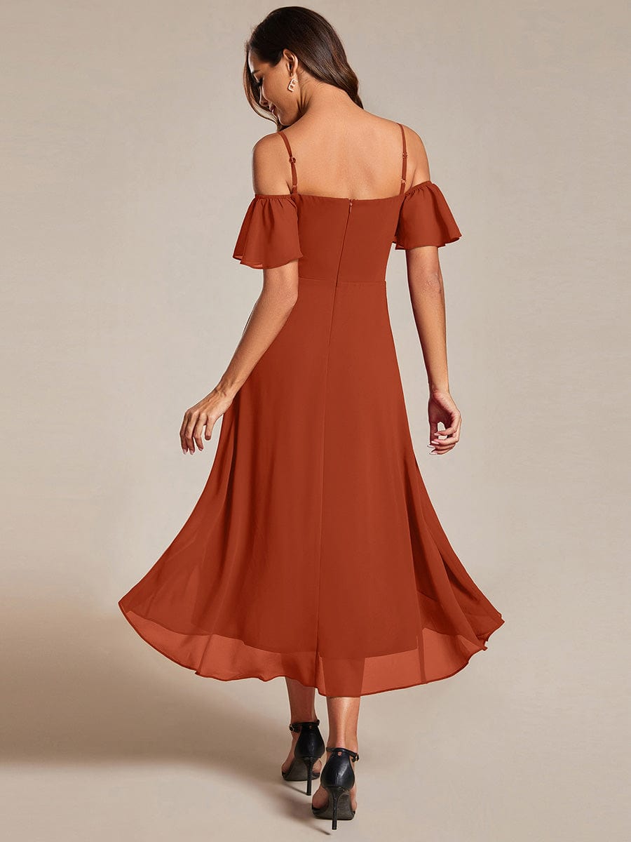 One-Shoulder High-Low Chiffon Wedding Guest Dresses with Short Sleeves #color_Burnt Orange