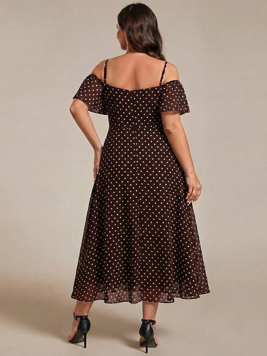 One-Shoulder High-Low Chiffon Bridesmaid Dresses with Short Sleeves #color_Brown Polka Dots