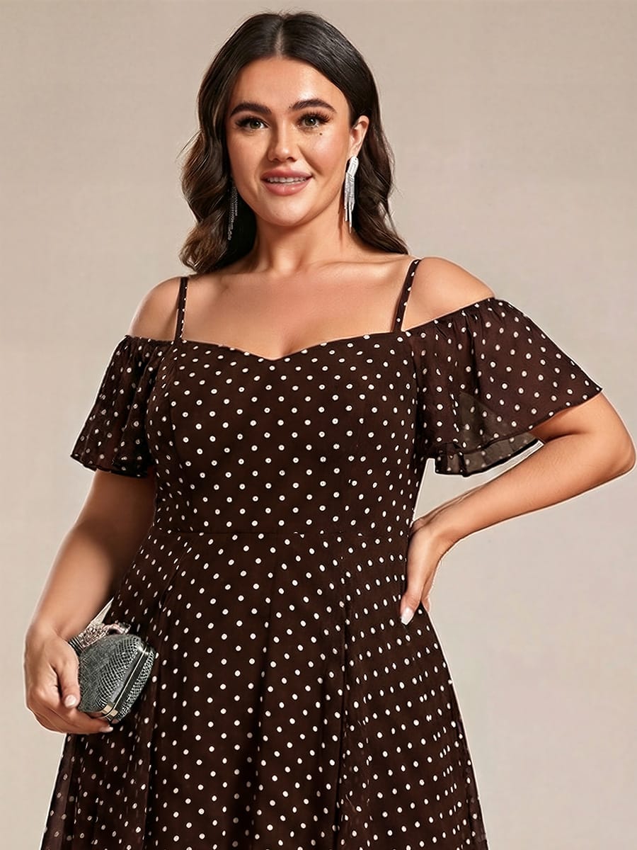 One-Shoulder High-Low Chiffon Bridesmaid Dresses with Short Sleeves #color_Brown Polka Dots