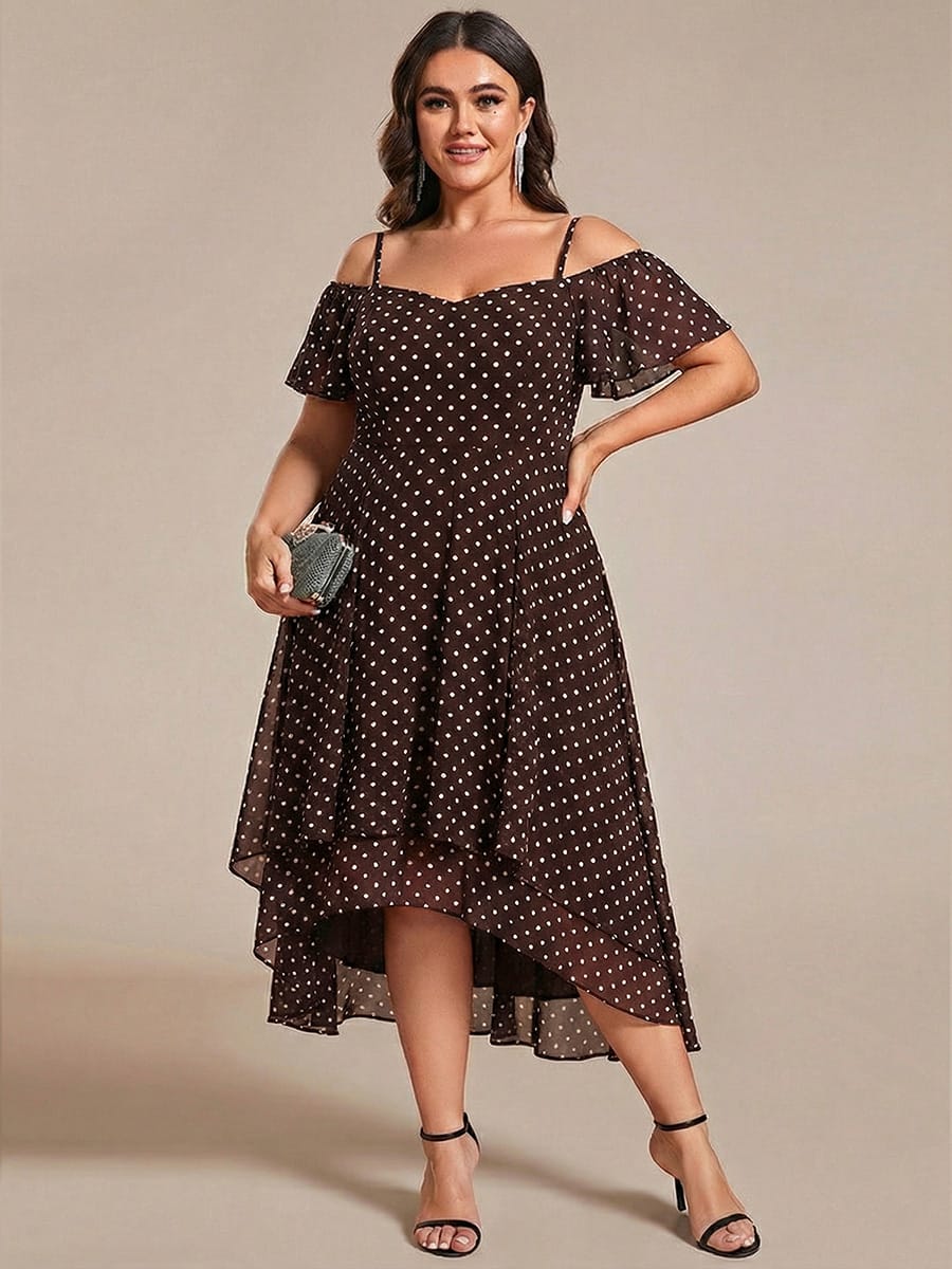 One-Shoulder High-Low Chiffon Bridesmaid Dresses with Short Sleeves #color_Brown Polka Dots