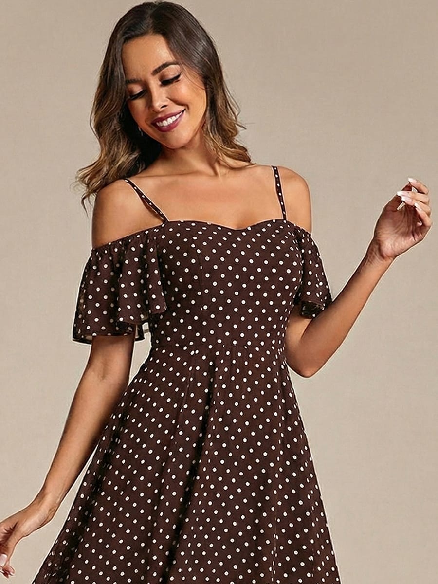 One-Shoulder High-Low Chiffon Bridesmaid Dresses with Short Sleeves #color_Brown Polka Dots