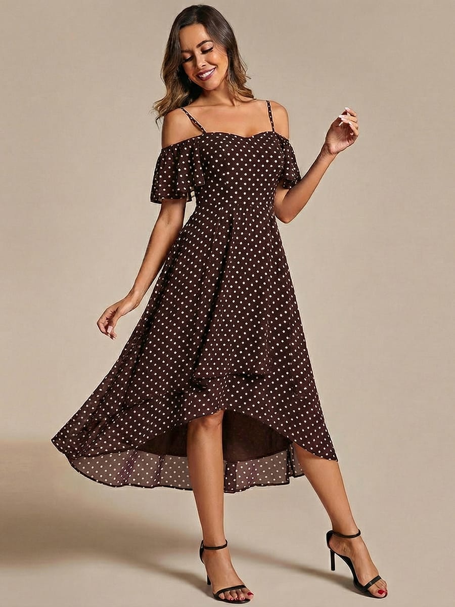 One-Shoulder High-Low Chiffon Bridesmaid Dresses with Short Sleeves #color_Brown Polka Dots