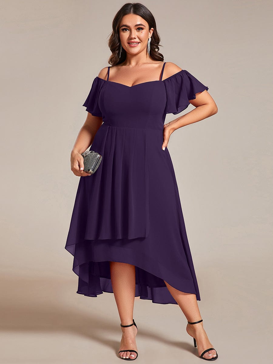 One-Shoulder High-Low Chiffon Wedding Guest Dresses with Short Sleeves #color_Dark Purple