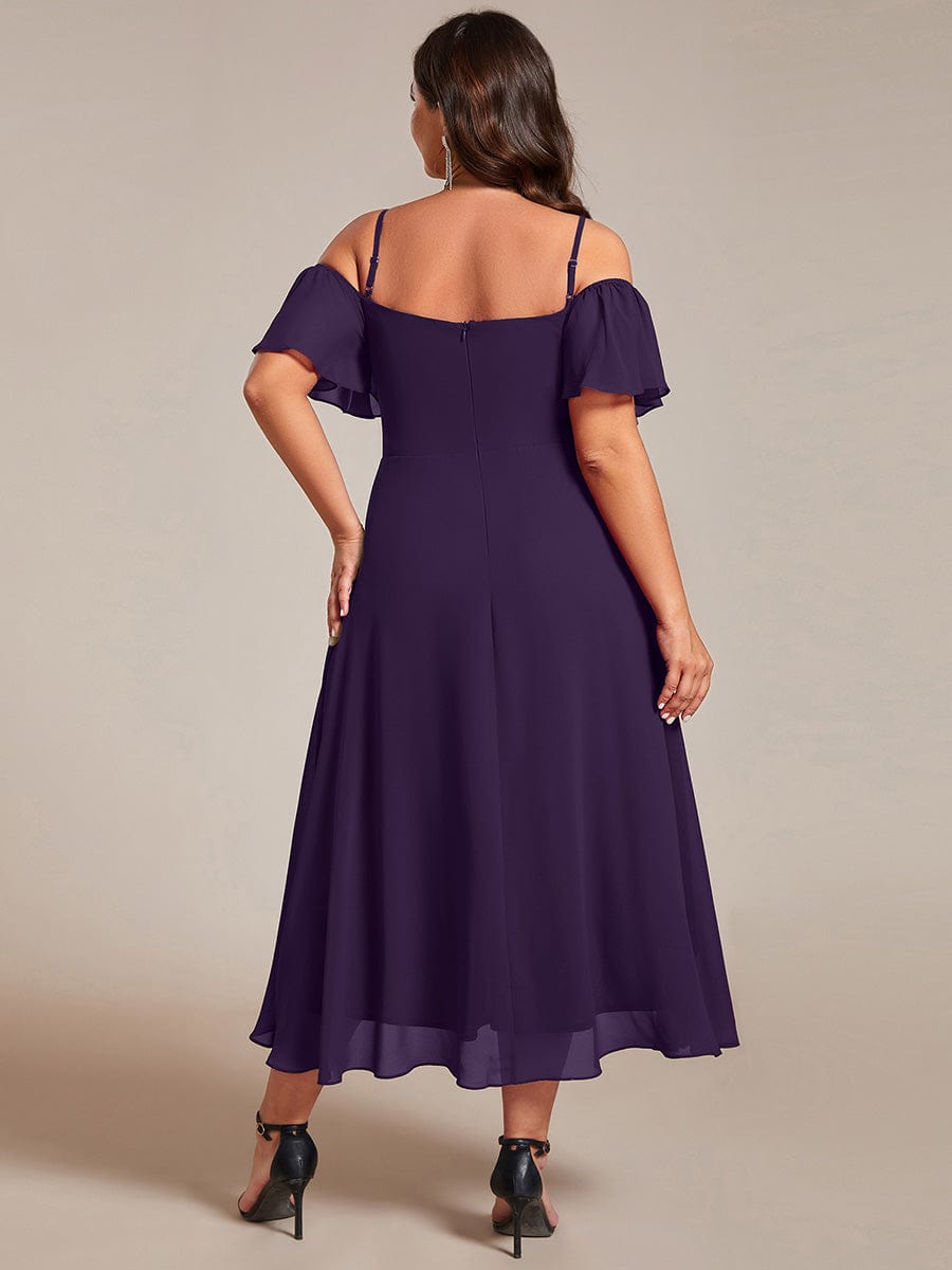 One-Shoulder High-Low Chiffon Wedding Guest Dresses with Short Sleeves #color_Dark Purple