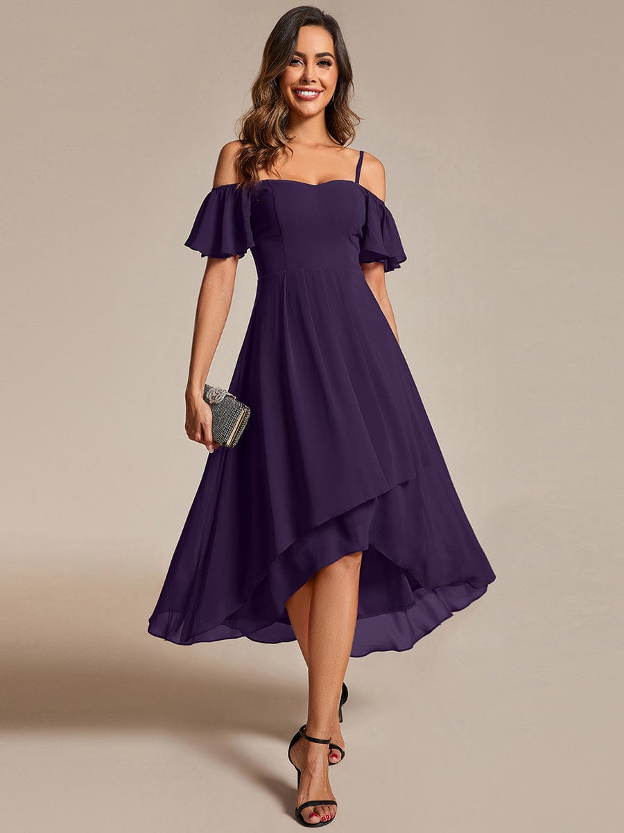 One-Shoulder High-Low Chiffon Wedding Guest Dresses with Short Sleeves #color_Dark Purple
