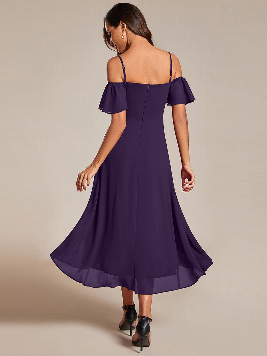 One-Shoulder High-Low Chiffon Wedding Guest Dresses with Short Sleeves #color_Dark Purple