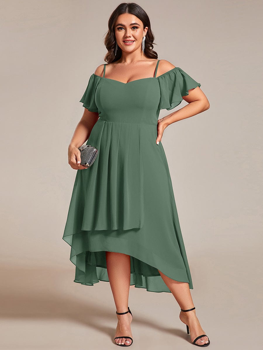 One-Shoulder High-Low Chiffon Wedding Guest Dresses with Short Sleeves #color_Eucalyptus Green
