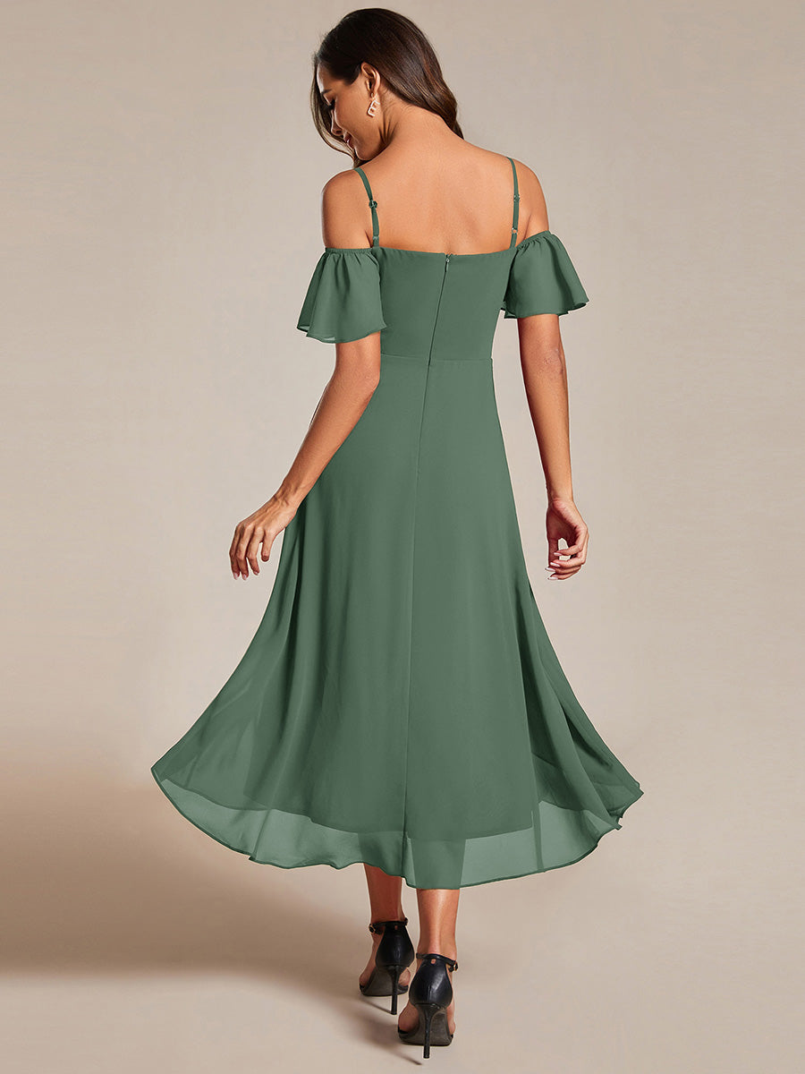 One-Shoulder High-Low Chiffon Bridesmaid Dresses with Short Sleeves #color_Eucalyptus Green