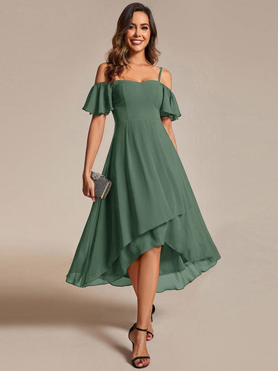 One-Shoulder High-Low Chiffon Bridesmaid Dresses with Short Sleeves #color_Eucalyptus Green