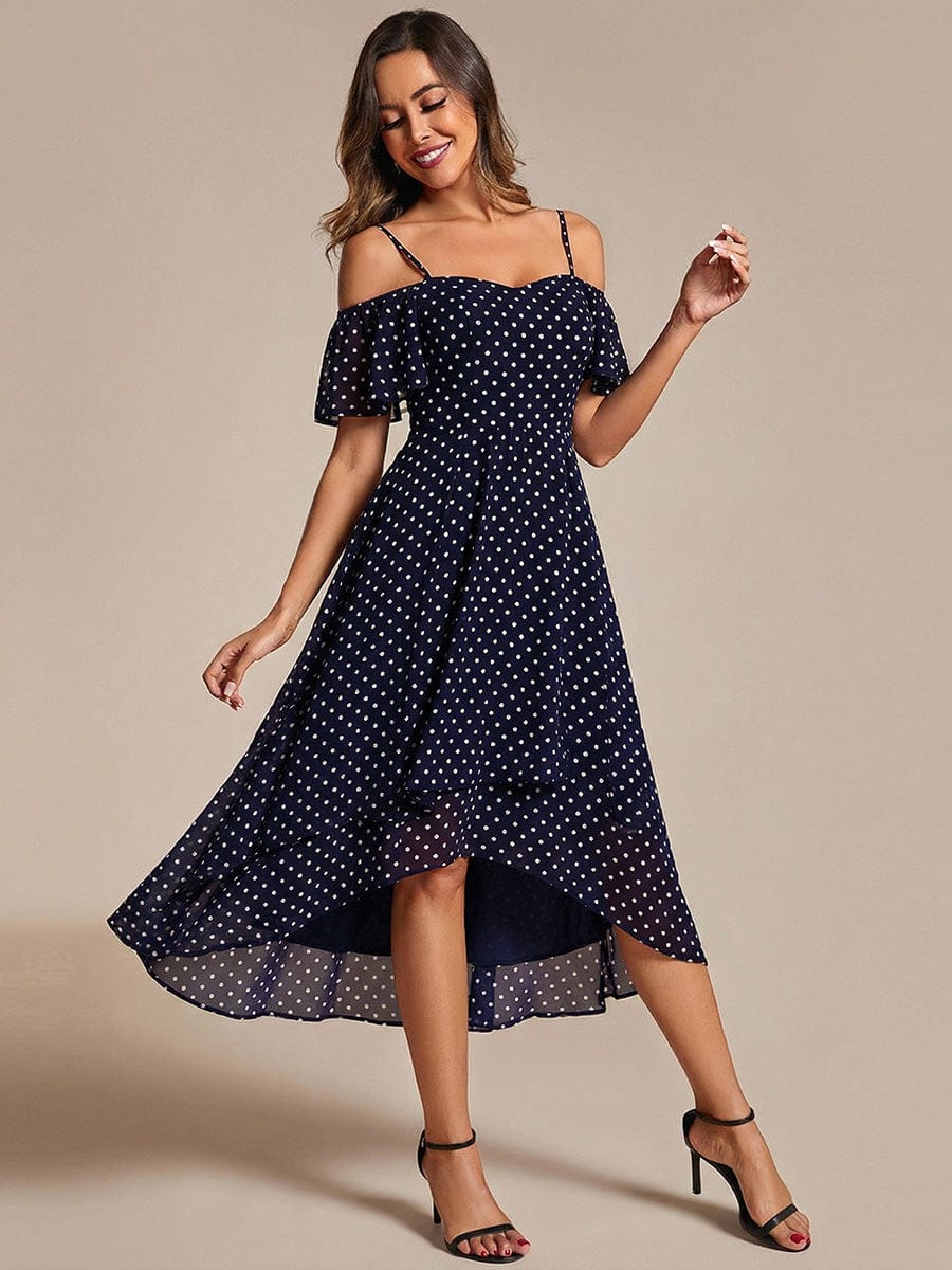 One-Shoulder High-Low Chiffon Bridesmaid Dresses with Short Sleeves #color_Navy Blue Polka Dots