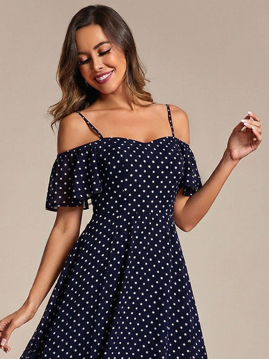 One-Shoulder High-Low Chiffon Bridesmaid Dresses with Short Sleeves #color_Navy Blue Polka Dots