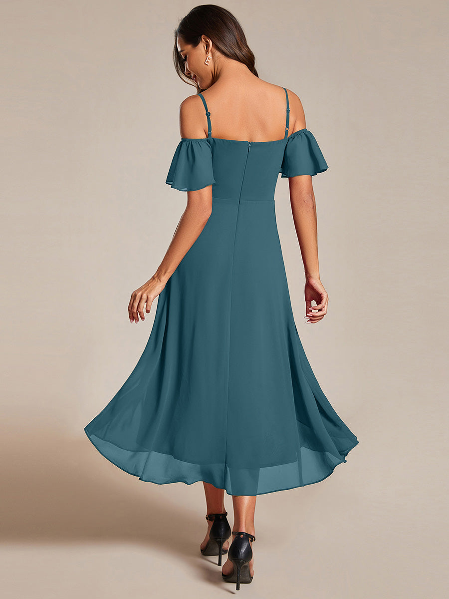 One-Shoulder High-Low Chiffon Bridesmaid Dresses with Short Sleeves #color_Teal