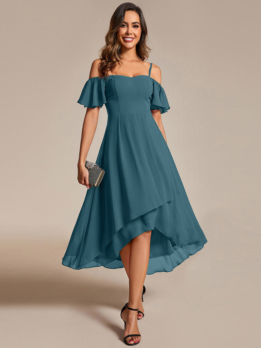 One-Shoulder High-Low Chiffon Bridesmaid Dresses with Short Sleeves #color_Teal