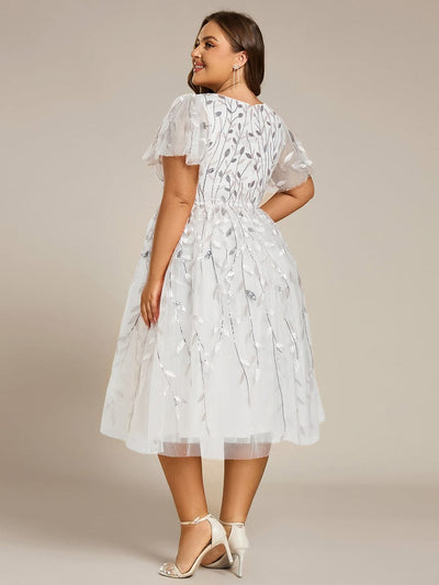 Plus SizeLeaf Sequin Short Sleeve Tulle Midi Wedding Guest Dress #color_White