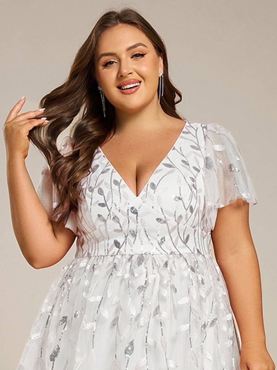Leaf Sequin Short Sleeve Tulle Midi Wedding Guest Dress #color_White