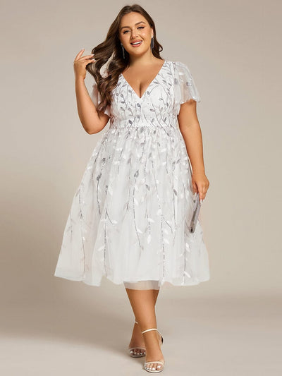 Plus SizeLeaf Sequin Short Sleeve Tulle Midi Wedding Guest Dress #color_White