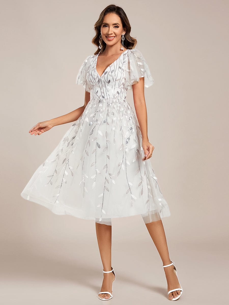 Leaf Sequin Short Sleeve Tulle Midi Wedding Guest Dress #color_White