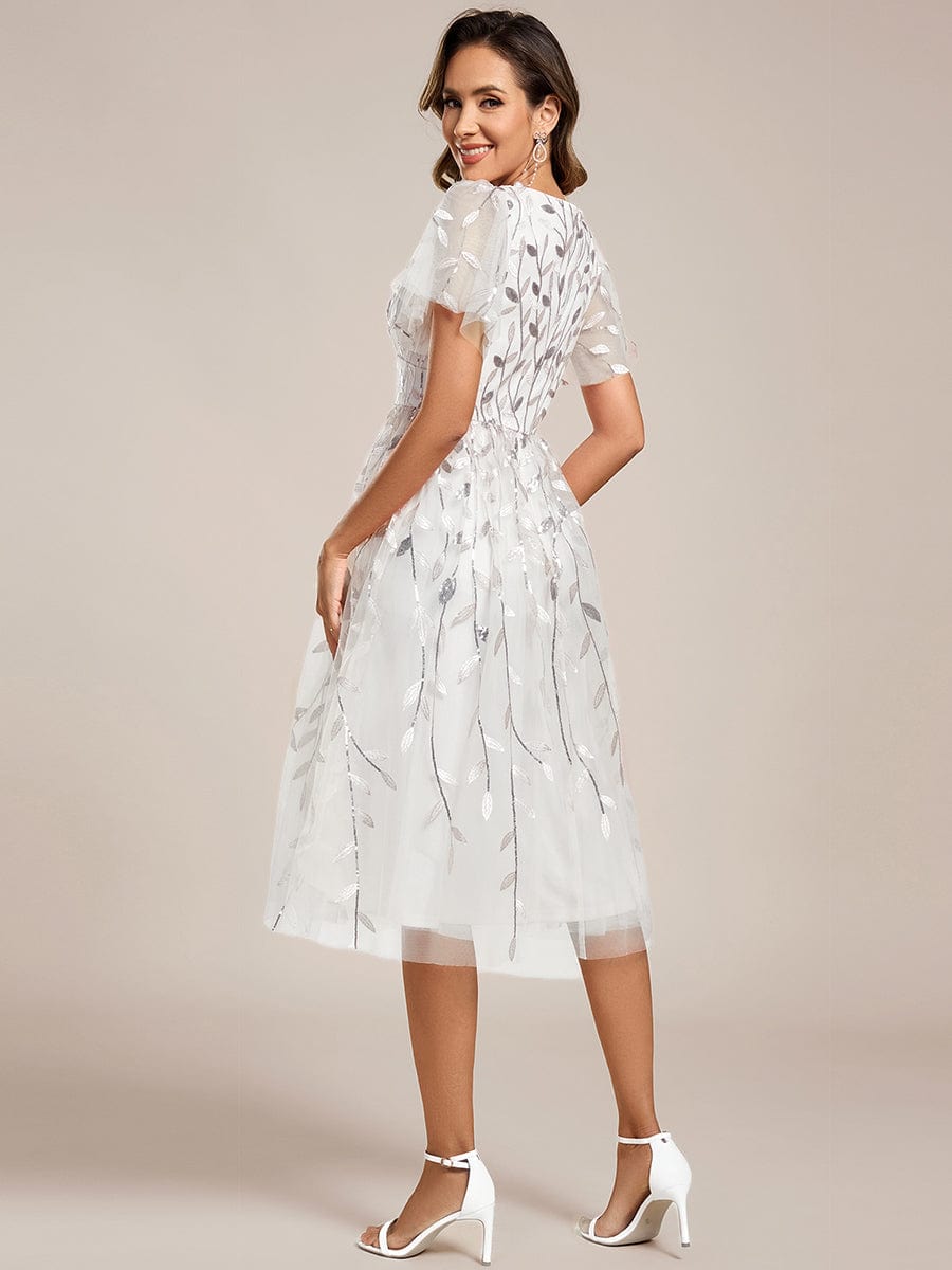 Leaf Sequin Short Sleeve Tulle Midi Wedding Guest Dress #color_White