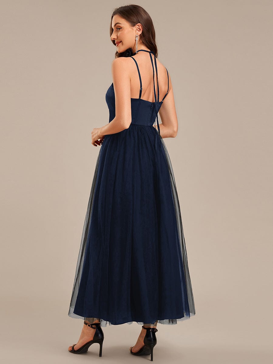 Tie Knot Satin Sleeveless Wedding Guest Dress #color_Navy Blue