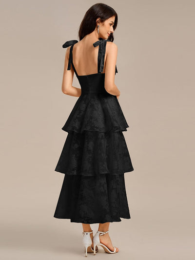 Floral Tie-Strap Bustier Tiered Midi Wedding Guest Dress #color_Black