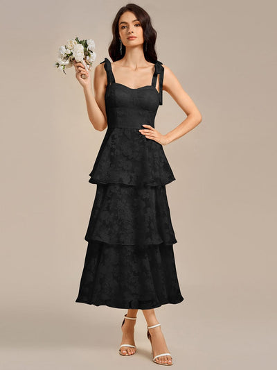 Floral Tie-Strap Bustier Tiered Midi Wedding Guest Dress #color_Black