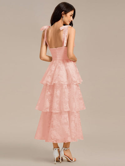 Floral Tie-Strap Bustier Tiered Midi Wedding Guest Dress #color_Pink
