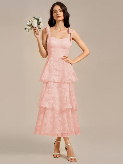 Floral Tie-Strap Bustier Tiered Midi Wedding Guest Dress #color_Pink