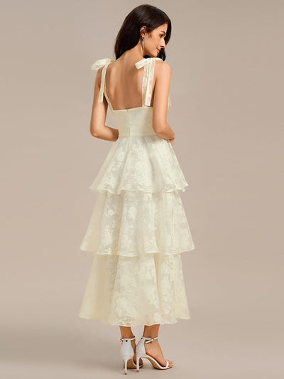 Floral Tie-Strap Bustier Tiered Midi Wedding Guest Dress #color_Yellow