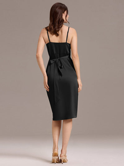 Pleated Sheath/Column Satin Asymmetrical Wrap Midi Wedding Guest Dress #color_Black