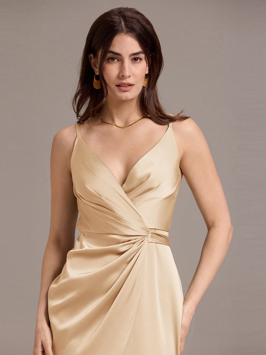 Pleated Sheath/Column Satin Asymmetrical Wrap Midi Wedding Guest Dress #color_Champagne