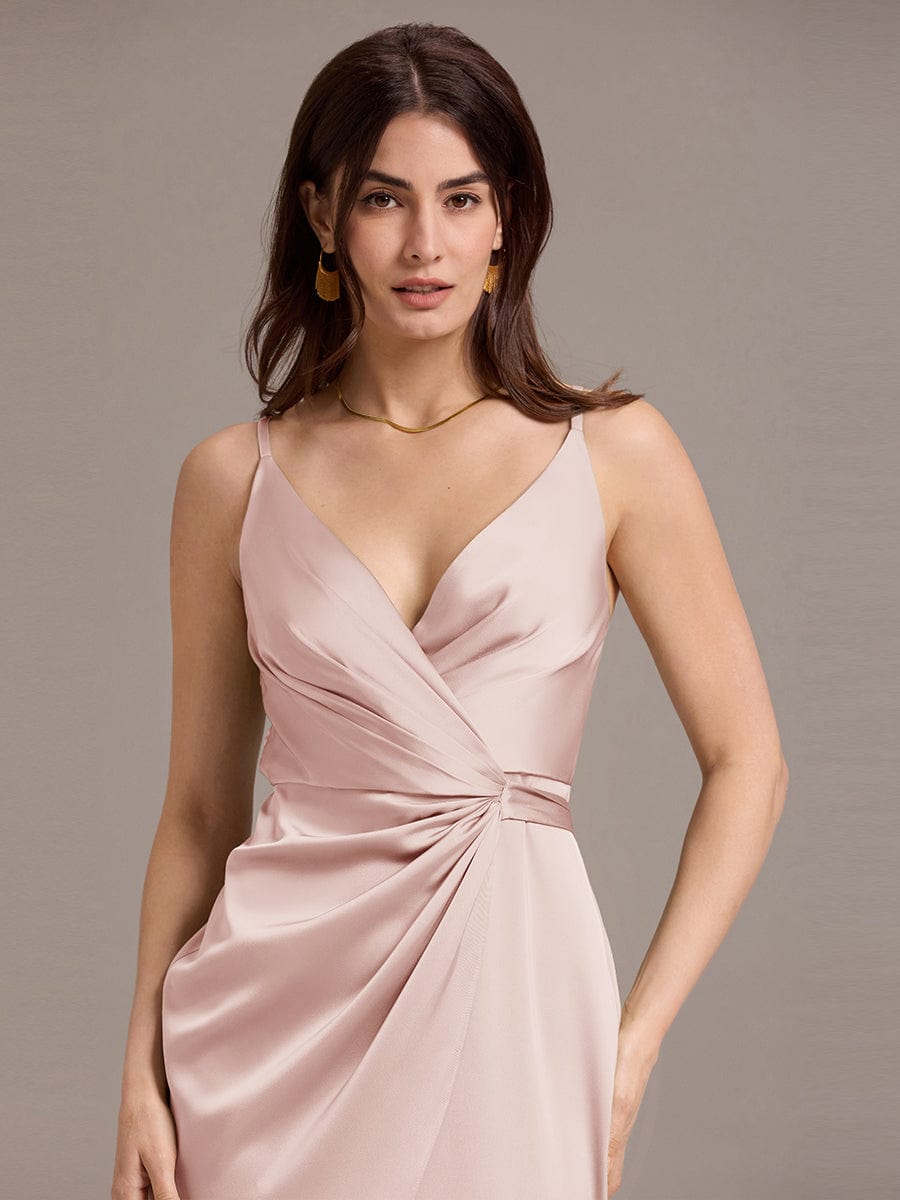 Pleated Sheath/Column Satin Asymmetrical Wrap Midi Wedding Guest Dress #color_Pink
