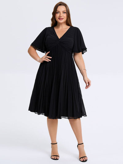 Plus Size Pleated Midi Wedding Guest Dress #color_Black