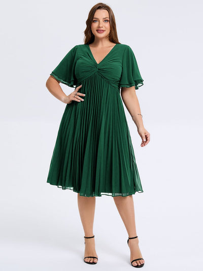 Plus Size Pleated Midi Wedding Guest Dress #color_Dark Green