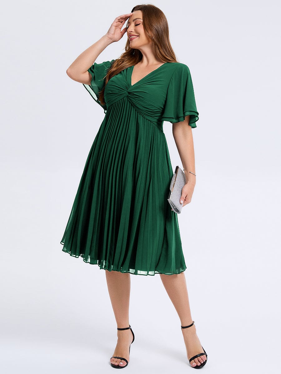 Plus Size Pleated Midi Wedding Guest Dress #color_Dark Green
