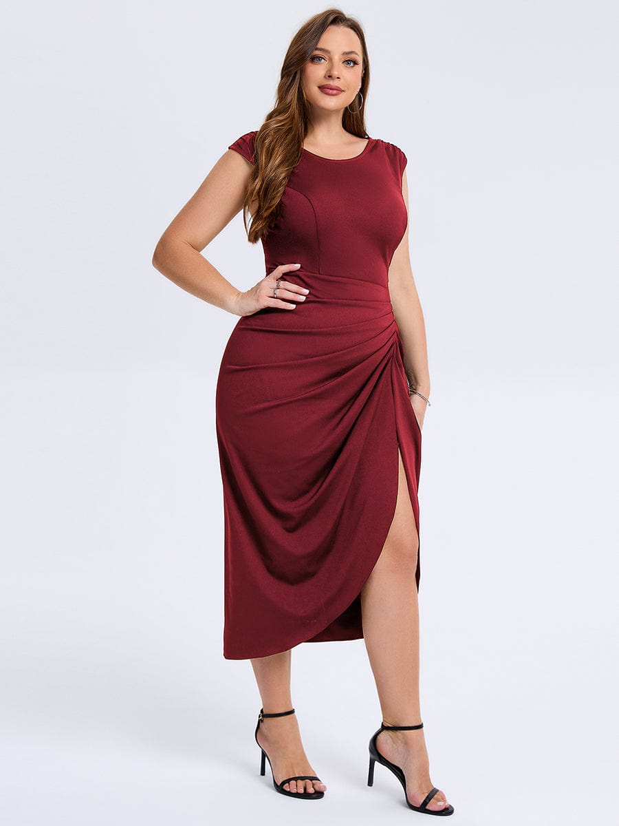 Plus Size Slit Bodycon Wedding Guest Dress #color_Burgundy
