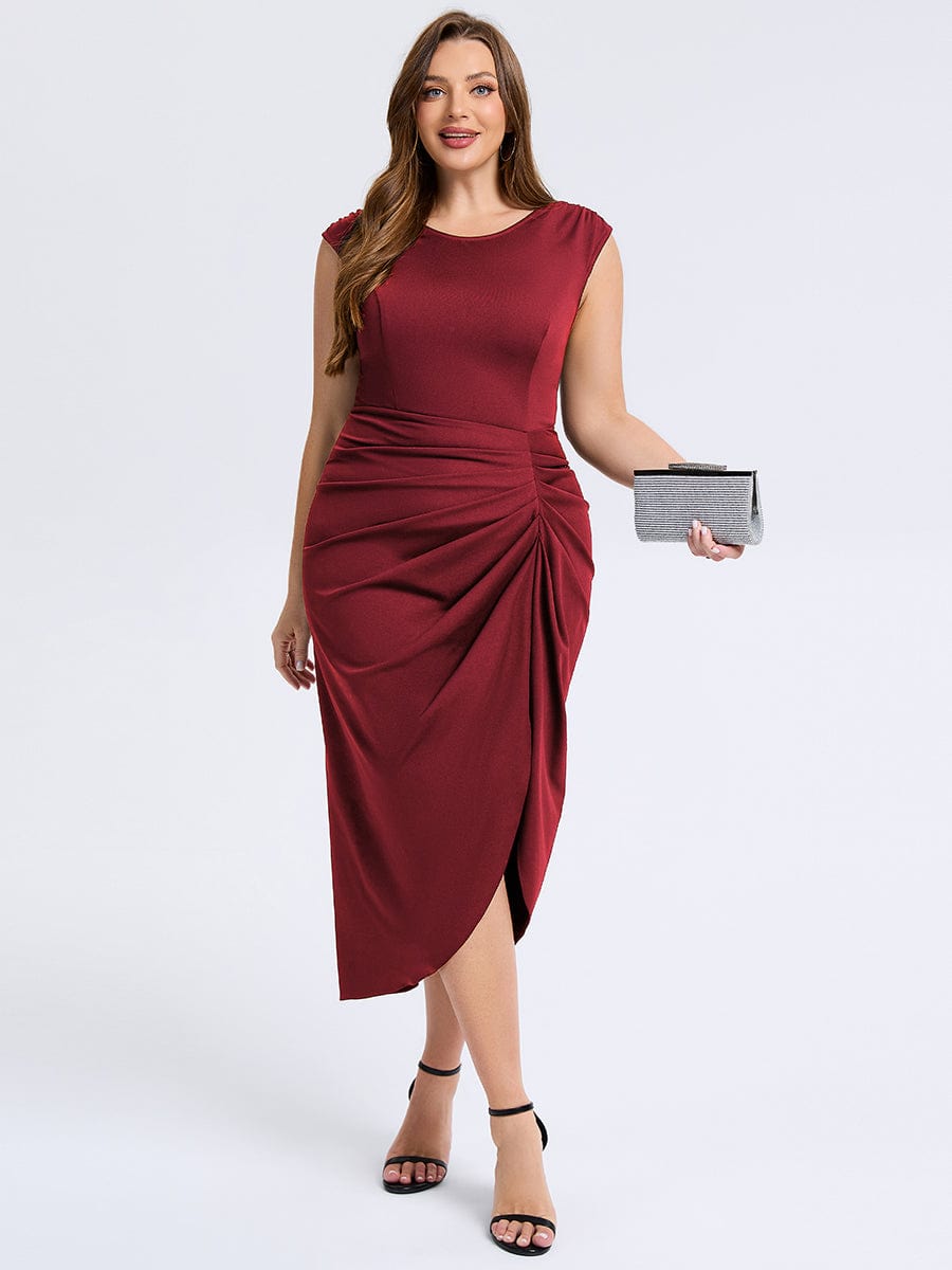 Plus Size Slit Bodycon Wedding Guest Dress #color_Burgundy