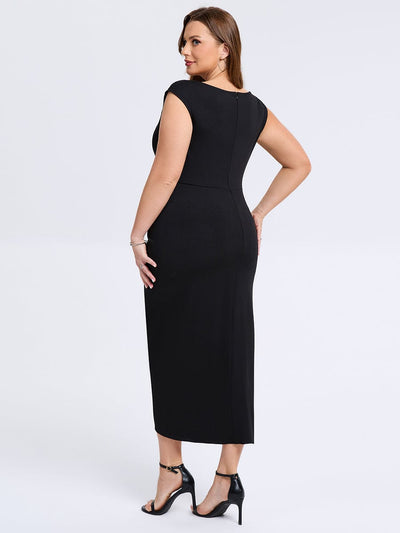 Plus Size Slit Bodyon Wedding Guest Dress #color_Black