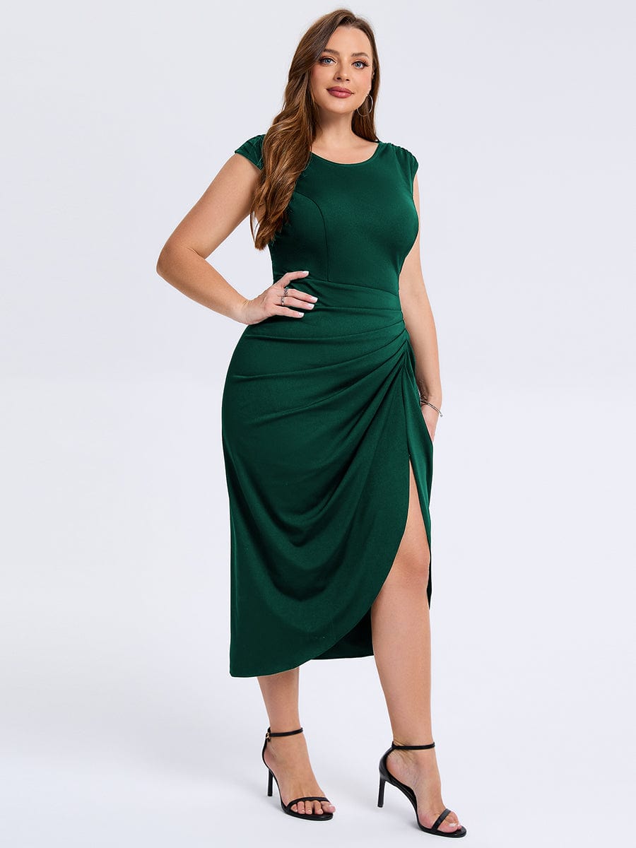 Plus Size Slit Bodycon Wedding Guest Dress #color_Dark Green