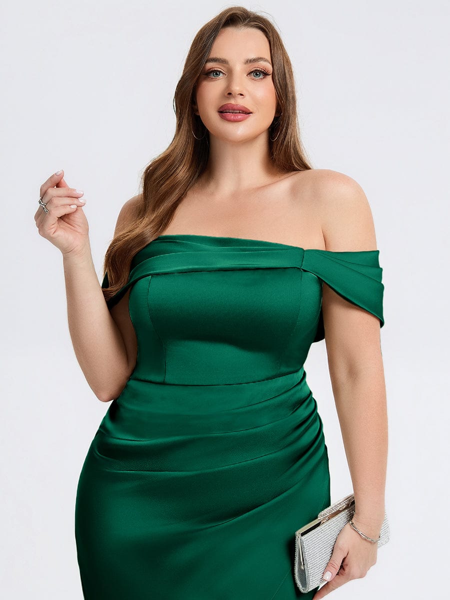 Plus Size Slit Satin Wedding Guest Dress #color_Dark Green