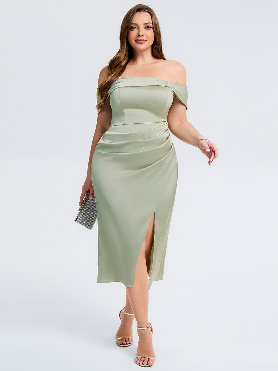 Plus Size Slit Satin Wedding Guest Dress #color_Sage Green