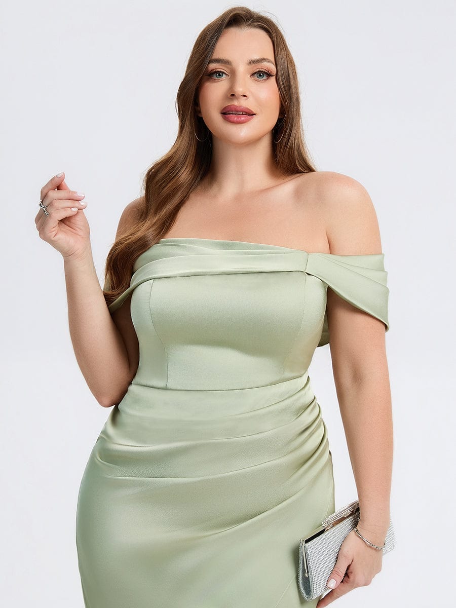 Plus Size Slit Satin Wedding Guest Dress #color_Sage Green