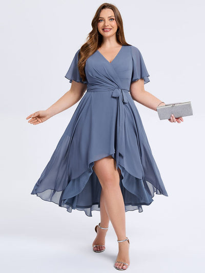 Plus Size Tie Knot High-Low Wedding Guest Dress #color_Dusty Blue