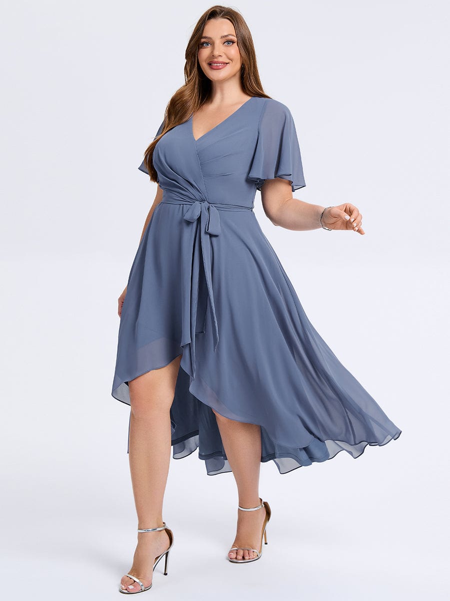 Plus Size Tie Knot High-Low Wedding Guest Dress #color_Dusty Blue